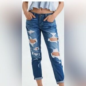 American Eagle Tom‎ Girl button fly distressed medium wash denim jeans Sz-2R U14